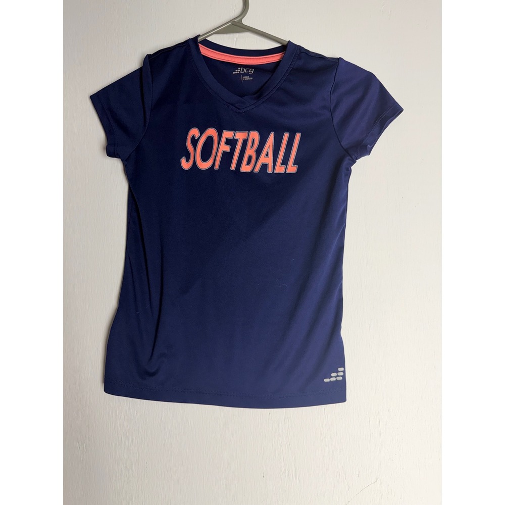 BCG Girls Navy Blue Softball Graphic Performance T-Shirt V-Neck Size S 7/8